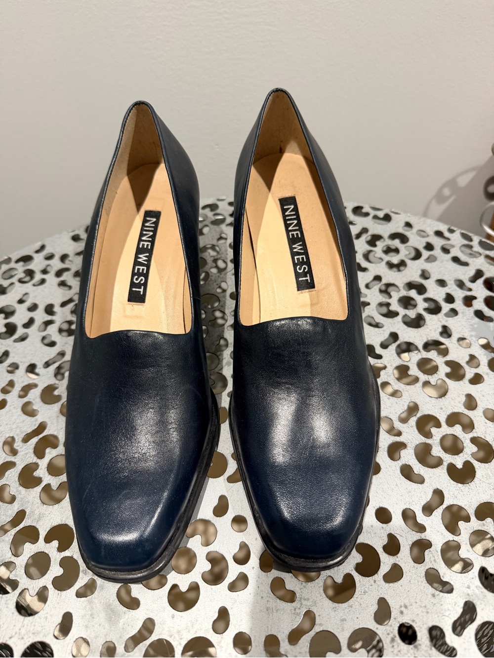 Nine West Navy Leather Square-Toe Block Heels New